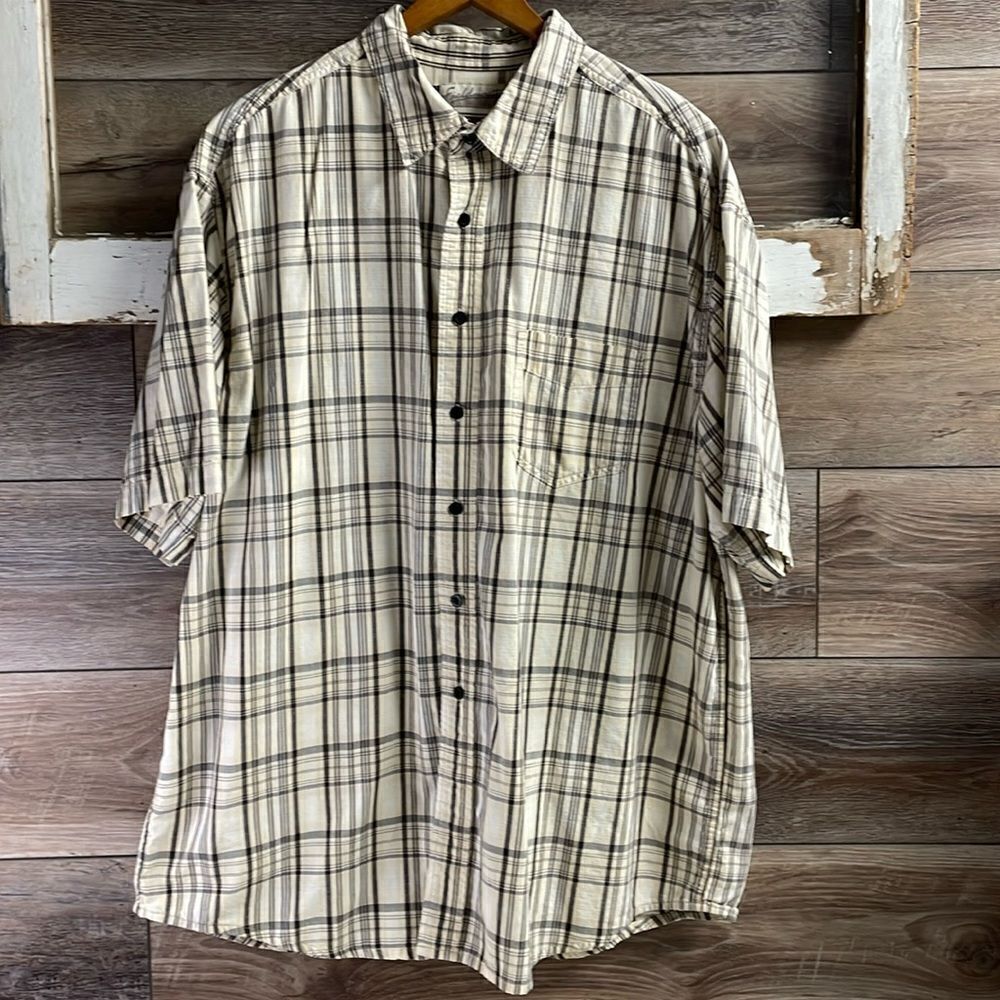 Fieldmaster Mens Plaidlike Dress Shirt, Size XL, Cream and Black, Vintage